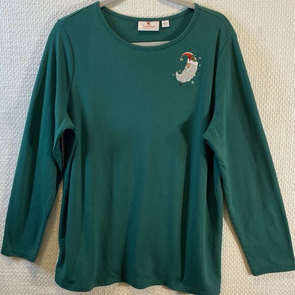 Quacker Factory Women’s Large Christmas Top Dark Green With Santa Appliqué Face - Picture 1 of 6